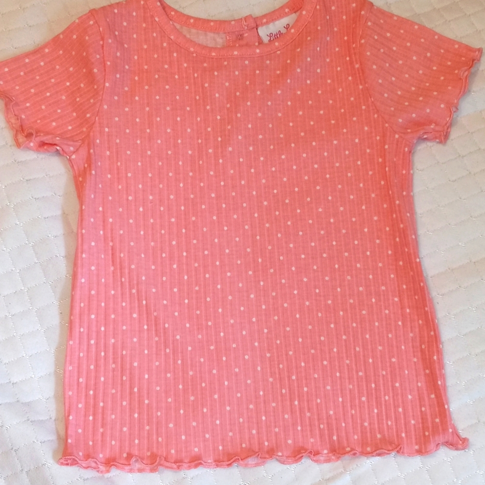 Little Lass Girl Pink S/Sleeve Rear Henley Crew Neck Lettuce Edge Hem T-Shirt 3T
